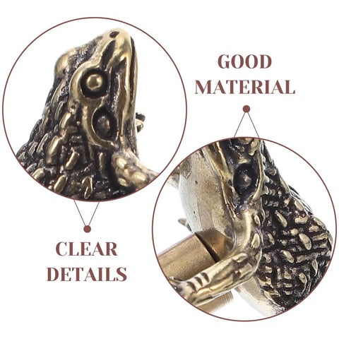 Close-up of toad-shaped brass cabinet drawer pulls for vintage style retro hardware, showing detailed texture and rust-resistant material.