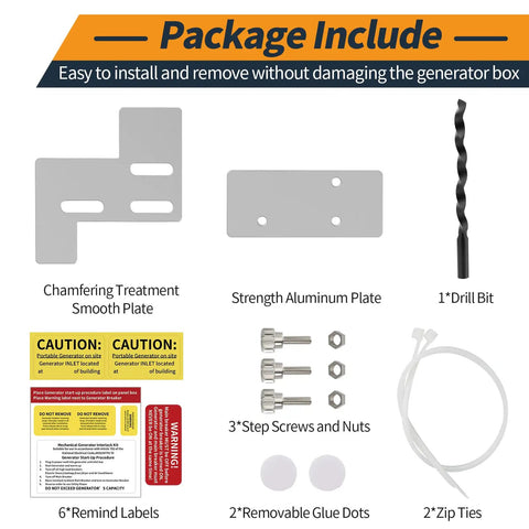 Interlock Generator Kit For 150 Or 200 Amp Main Breaker Panels package contents including plates, drill bit, and screws.