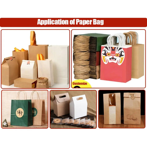 Array of paper tote bags and packaging showing Automatic Paper Tote Bag Making Machine For Shopping Bags Top Notch Pro Grade Tote Forming Equipment For Boutique Packaging And Store Supply Bag Production applications