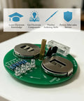 Close-up of LED Rotating Desk Gyroscope Soldering Practice Kit For Beginners Easy No Fuss Build Electronics DIY Project display.