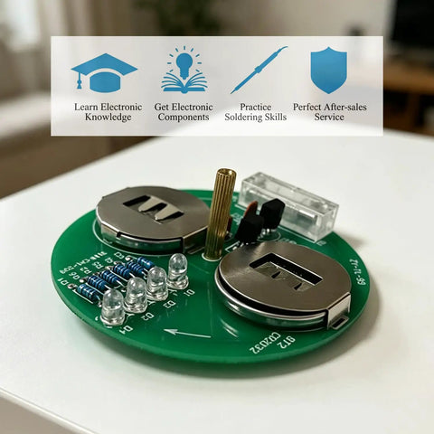 Close-up of LED Rotating Desk Gyroscope Soldering Practice Kit For Beginners Easy No Fuss Build Electronics DIY Project display.