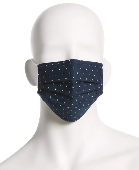 Six Pack Reusable Pleated Cloth Face Masks With Assorted Prints And Colors, One Size, Cotton, Washable, Non Medical Face Coverings For Everyday Use Ready For Travel shown on mannequin with dark blue polka dot design.