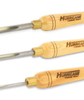 Pro Grade Three Piece Spindle Gouge Set For Woodturning Built Tough For Heavy Duty Cuts With Rock Solid Beech Handles shows three tools with beech handles.