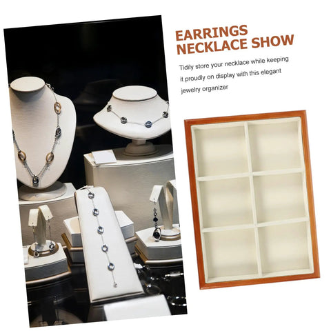Premium Solid Wood Desktop Jewelry Organizer Tray With Divided Grid Compartments For Rings Necklaces Earrings And Watches Durable Storage Holder shown with displayed jewelry.