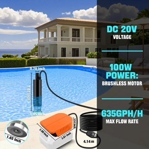 Smooth Operator Cordless Submersible Utility Pump Adapter For Dewalt 20V Batteries shown near pool with specifications.