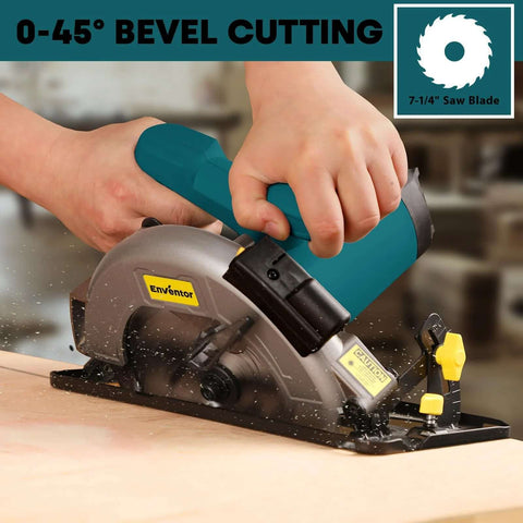 Side view of Enventor corded circular saw with teal body and 7-1/4 in blade cutting wood.