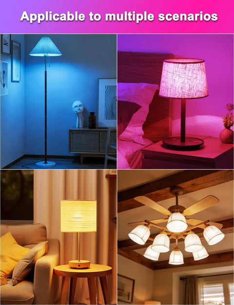 Lit Color Changing LED Light Bulbs 70W Equivalent A19 Base, RGBW Dimmable in various lamp settings