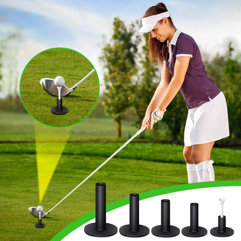 Woman practicing golf with Rubber Golf Tees Set With Holders, Five Height Sizes 1.5, 2.3, 2.7, 3.1, 3.5 Inches, outdoor setting.