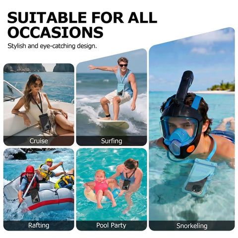 Collage of individuals using Waterproof Phone Pouch With Card Pocket for iPhone 17 16 15 Pro Max IPX8 Black in various outdoor activities.