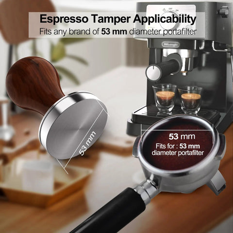 53mm Espresso Tamper With Walnut Handle, Weighted Coffee Tamper for Barista-Grade Espresso, shown near portafilter and espresso machine