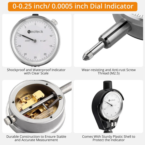 Neoteck dial bore gauge set with extender in case; 2–6" range, self-centering bore measurement