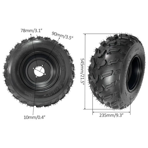 Go-kart tire with dimensions, side and front view, for 44 Inch Rear Axle Kit For Go Karts And DIY Builds, Tough As Nails.