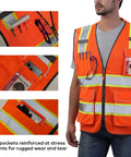 Heavy Duty Hi Vis Reflective Safety Vest For Men And Women Class Two High Visibility Work Vest With Badass Durability and padded collar pockets shown.