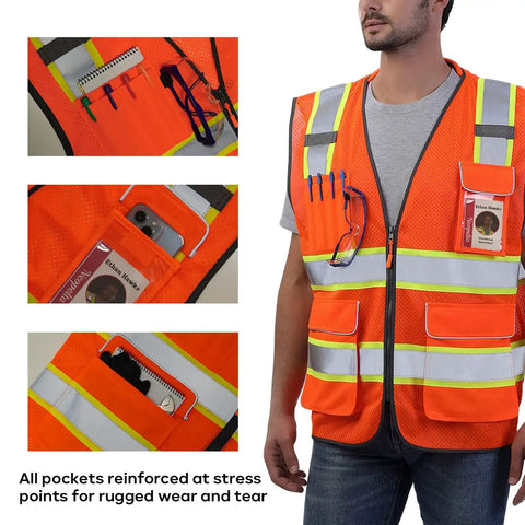 Heavy Duty Hi Vis Reflective Safety Vest For Men And Women Class Two High Visibility Work Vest With Badass Durability and padded collar pockets shown.