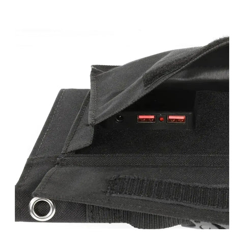 Close-up of Tailgate Ready 120W Foldable Solar Panel Bag with USB and DC ports for charging outdoor devices.