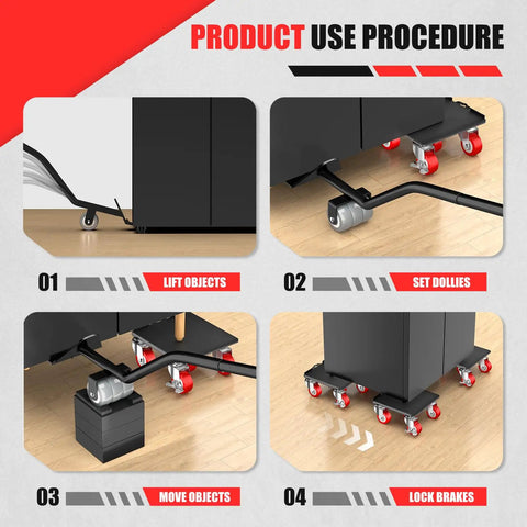 Four-step guide for using Heavy Duty Five Wheel Furniture Dollies Rocking 1500 Pound Capacity Industrial Carbon Steel Base.