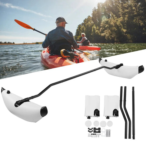 Inflatable Kayak Stabilizer Outrigger Kit for Fishing Kayaks and Canoes displayed with PVC float and attachment accessories