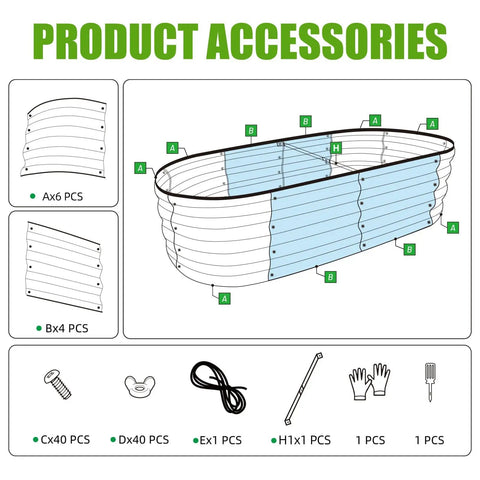 Illustration of accessories for Galvanized Raised Garden Bed 4x2x1 Ft Oval Metal Planter Box with screws, panels, and tools.
