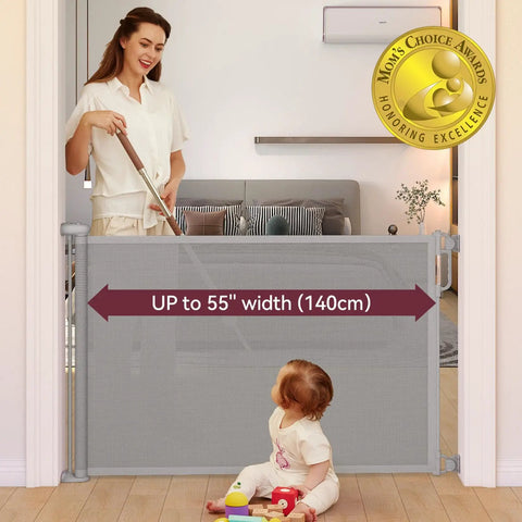 Retractable Baby Gate For Stairs And Doorways, 33 Inch Tall, Expands To 55 Inch Wide, Double Locking Safety, kid and pet safe in doorway.