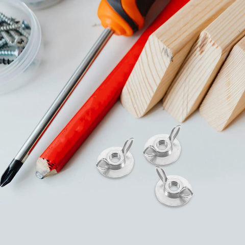 Set Of 20 Metal Thumb Nuts For Hurricane Shutters With Washered Backplates, displayed with tools and wooden blocks