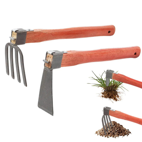 Heavy Duty Garden Tool Set 2 Piece Cultivator Kit With Carbon Steel Hoe And Rake, 15.2 Inch Wooden Handles, soil digging, weeding