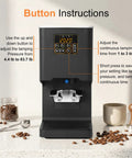 Electronic Automatic Espresso Tamper With 58mm Coffee Distribution Disc adjustable pressure settings with button instructions.