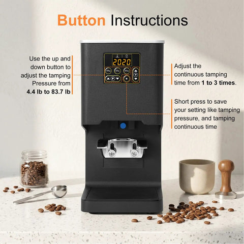 Electronic Automatic Espresso Tamper With 58mm Coffee Distribution Disc adjustable pressure settings with button instructions.