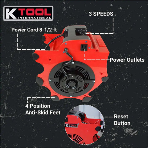 Beast Mode 3 Speed Floor Blower Fan Delivers 1200 CFM For Quick Drying And Ventilation, Heavy Duty ABS, angled view with labels