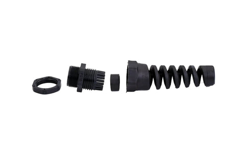 IP68 Waterproof M22 PG16 Cable Gland Connector With Spiral Flex Strain Relief, Lock Nut, Rubber Washer, 5-Piece Kit shown disassembled