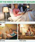 Three rooms using 4 Pack 3-Way LED A19 Light Bulbs With E26 Base in table, wall, and floor lamps for soft white light.