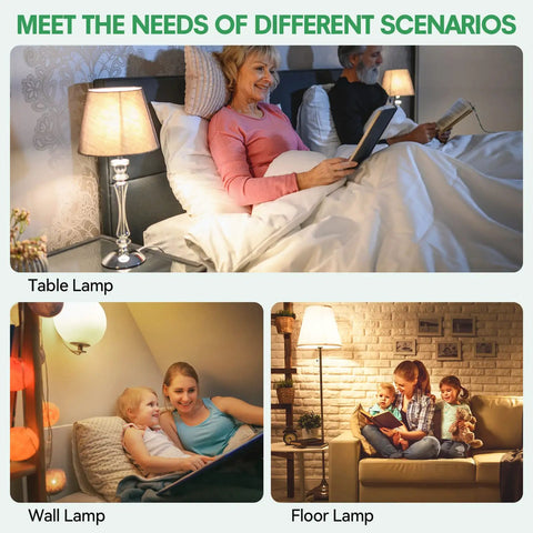Three rooms using 4 Pack 3-Way LED A19 Light Bulbs With E26 Base in table, wall, and floor lamps for soft white light.