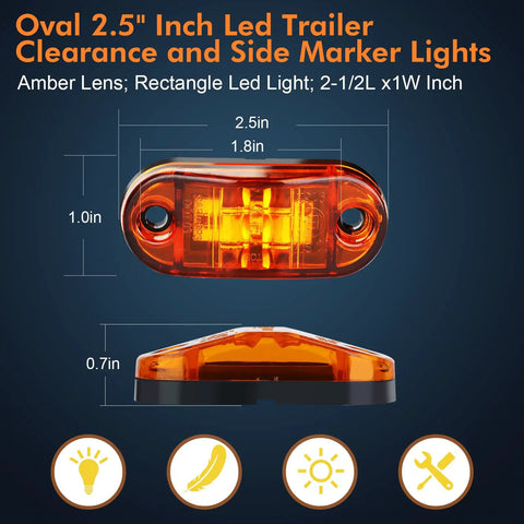 20 Pack Two Point Five Inch LED Trailer Lights Kit With Screws Front Rear Side Marker Indicators Amber And Red DC Twelve To Twenty Four Volt Waterproof Universal For RV Camper Truck Van Caravan Boat Beefed Up Visibility shown with amber lens dimensions.