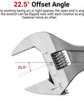 Six Inch Adjustable Wrench With One And A Half Inch Jaw Capacity Laser Engraved Scales For Quick Readouts at 22.5° offset