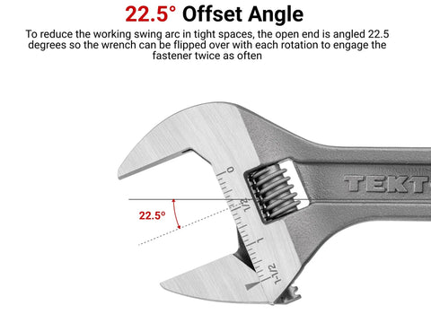 Six Inch Adjustable Wrench With One And A Half Inch Jaw Capacity Laser Engraved Scales For Quick Readouts at 22.5° offset