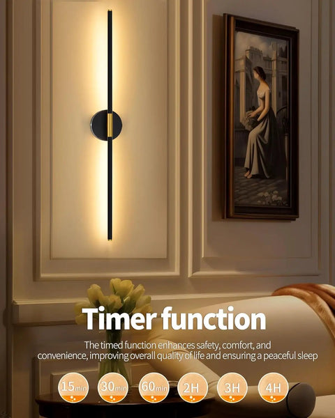Black And Gold Rechargeable Wall Sconce Set Of Two with timer function installed on a beige wall, providing warm ambient light.