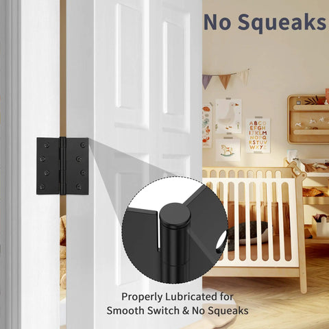 Tough As Nails 4 Inch Door Hinges Matte Black Exterior Set with square corners on a white door in a nursery room.