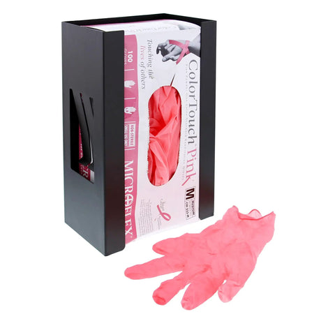 Universal Wall Mount Glove Dispenser And Tissue Box Holder Pack Of 6, showing pink latex glove box and loose pink glove