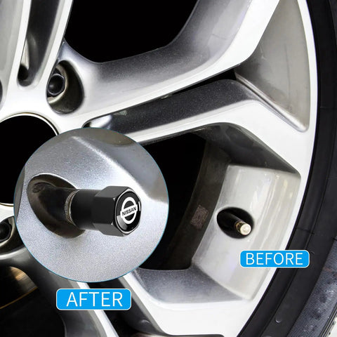 4 Pack Aluminum Tire Valve Stem Caps For Cars Black Anodized Metal Wheel Air Caps installed on a car wheel showcasing before and after.