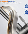 SOEBIZ Grey Kitchen Faucets with Pull Down Sprayer showing multi-layer forging detail, stain-resistant finish, and fingerprint-proof design.