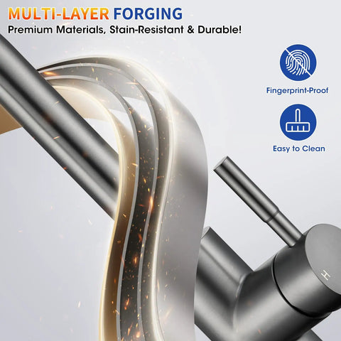 SOEBIZ Grey Kitchen Faucets with Pull Down Sprayer showing multi-layer forging detail, stain-resistant finish, and fingerprint-proof design.