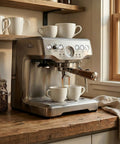54mm Espresso Portafilter With Two Cup Spouts And Walnut Handle For Breville And Sage Barista Machines in use with espresso machine