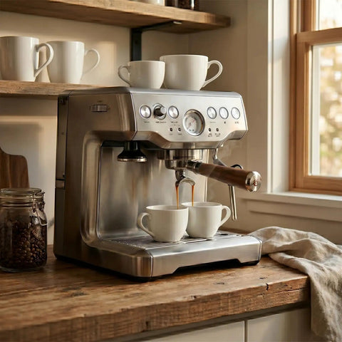 54mm Espresso Portafilter With Two Cup Spouts And Walnut Handle For Breville And Sage Barista Machines in use with espresso machine