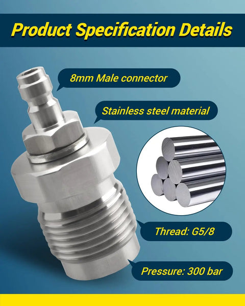 DIN Valve Scuba Adapter For Paintball And Scuba Fill Stations, 8mm Quick Disconnect Fitting, G5/8 Thread, Stainless Steel