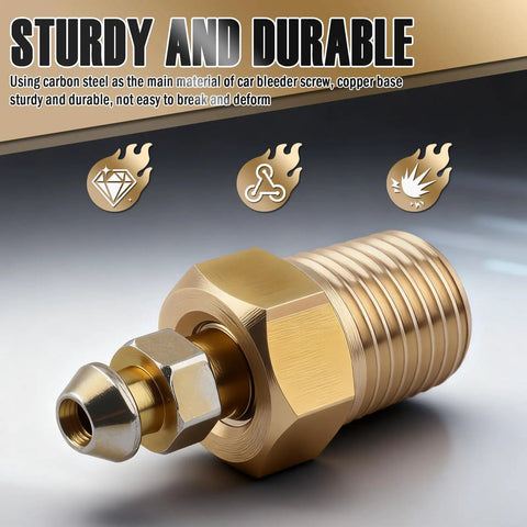 Knockout Copper Brake Bleeder Screw Kit Featuring Rock Solid 1/4-28 Threads And Smooth 1/8-Npt Bases For Quick Caliper Bleeding and Zero Sweat Car Brake Service Upgrades On Any Ride, close up of copper base screw.
