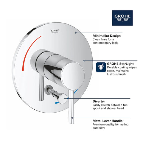 Concetto 1-Handle Pressure Balance Valve Trim With Built-In Diverter in Starlight Chrome Finish, minimalist design details