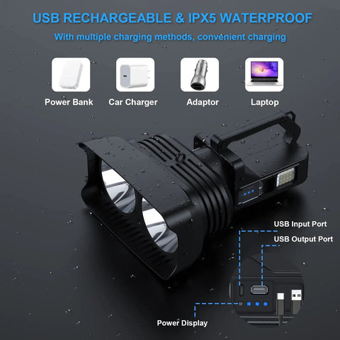 Rechargeable Spotlight 900,000 Lumens Handheld LED Flashlight with USB charging ports and waterproof design showing charging options.