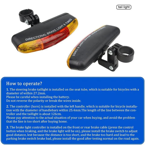 All In One Bike Tail Light With Turn Signals, Brake Light, Horn And Night Light, Red LED Taillight, mounted on handlebars