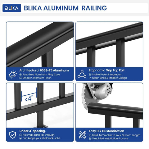 Heavy Duty Aluminum Deck Railing Kit With Adjustable Brackets For Stairs Or Flat Decks Comes Loaded With All Hardware, 6063-T5 aluminum construction.