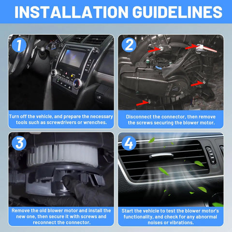 Installation steps for Front Hvac Heater Blower Motor Brushless Design Fits Chevy Cruze Volt Bolt Gmc Acadia Buick Enclave Cadillac X T Five Straight Fire Under Hood.