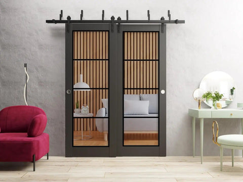 Clear Glass Sliding Barn Closet Doors With Matte Black Hardware, 84 by 96 Inches, modern interior view shown